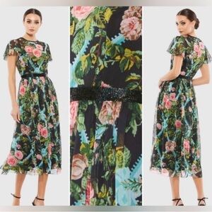 Mac Duggal Floral Midi Dress With Sheer Overlay Style NWT 🌴